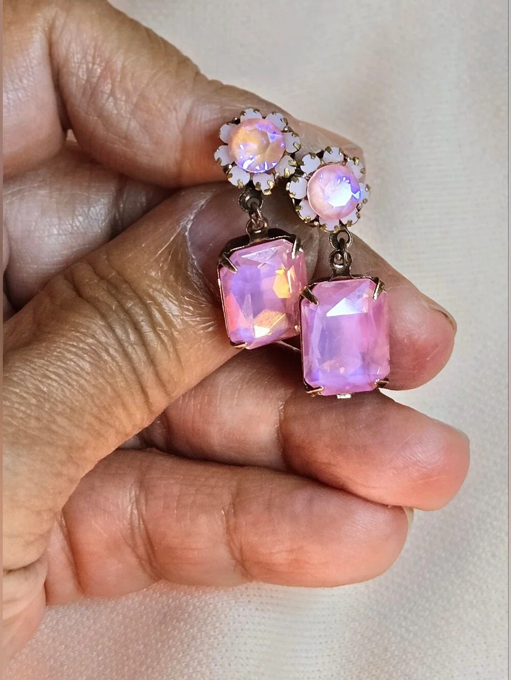 Pink Blossom Crystals W/ Flower In Octagon Antique Bronze Artisan Earrings